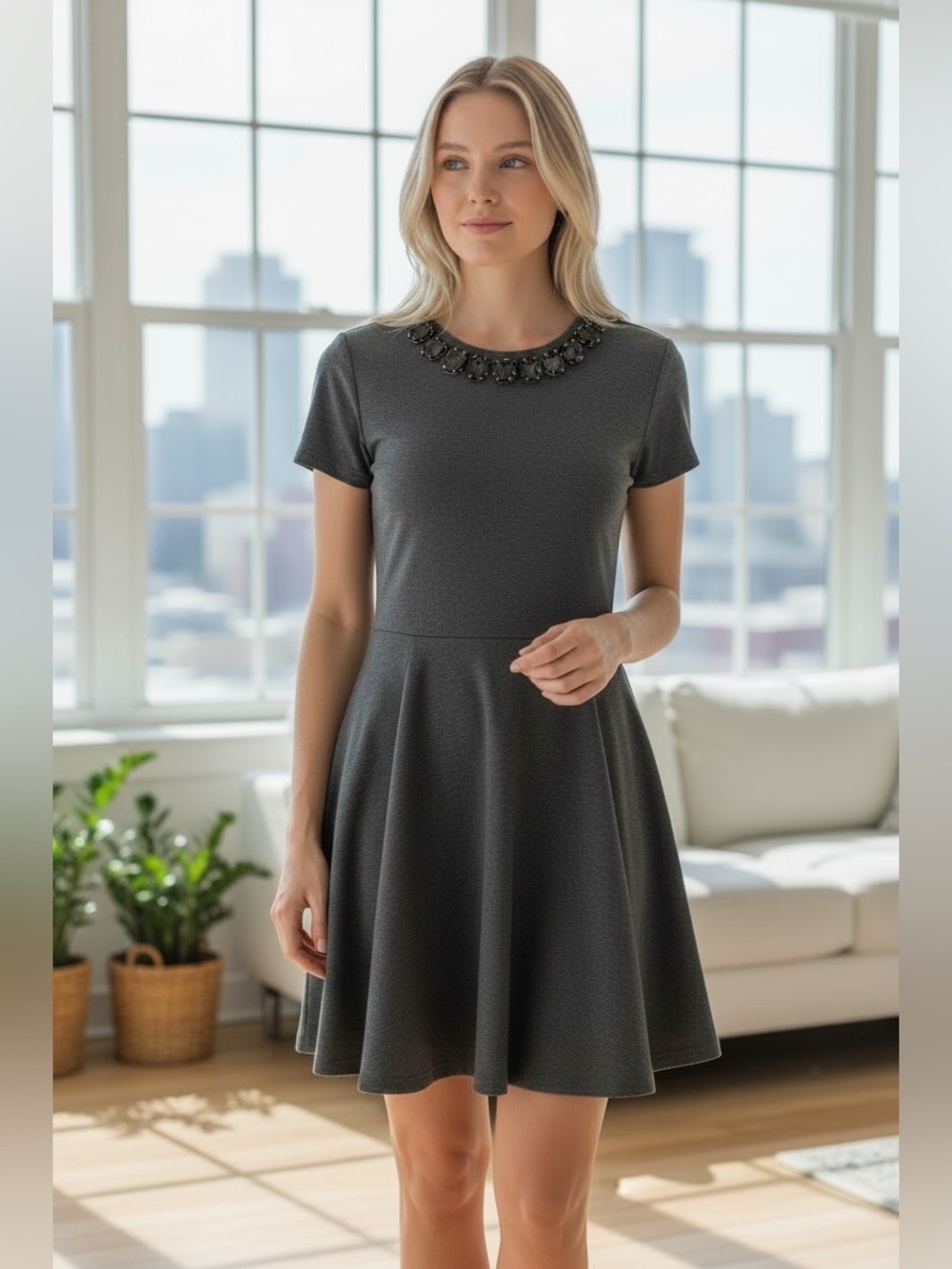 ELIZA J. Fit & Flare Mini Dress Jeweled Embellished Neckline Charcoal Gray Sz 6